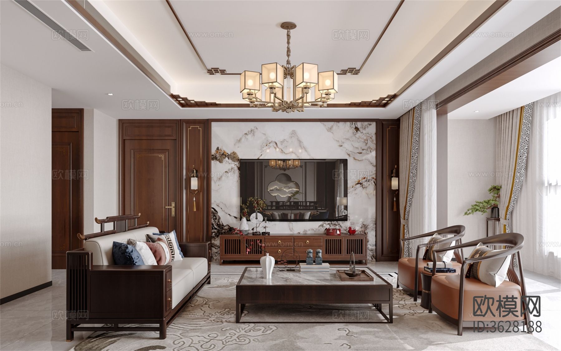 中式客餐厅效果图下载（渲染图2）