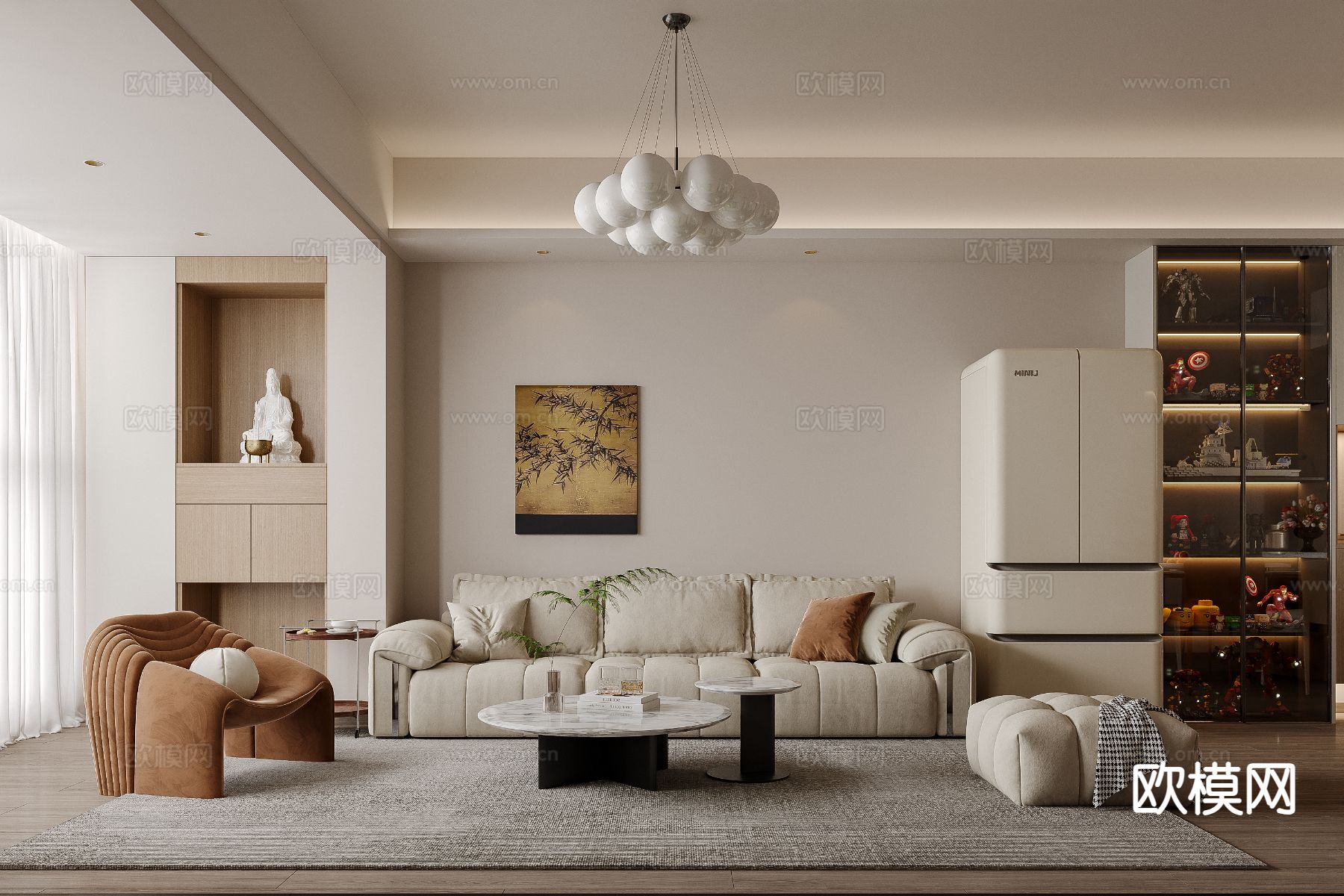 奶油风客餐厅3d模型下载（渲染图1）