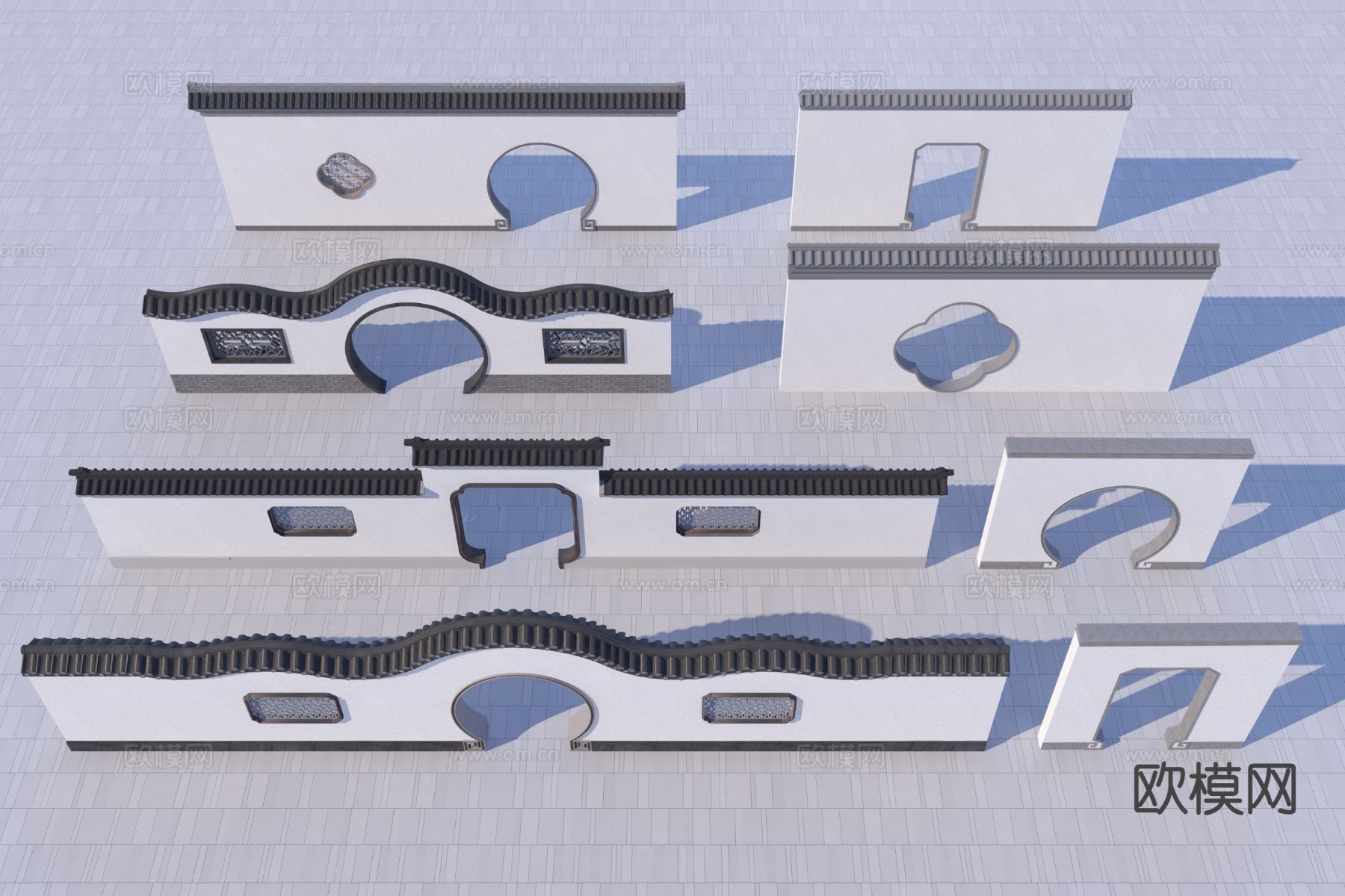 新中式围墙 景墙 门洞墙 月洞门 圆洞墙3d模型