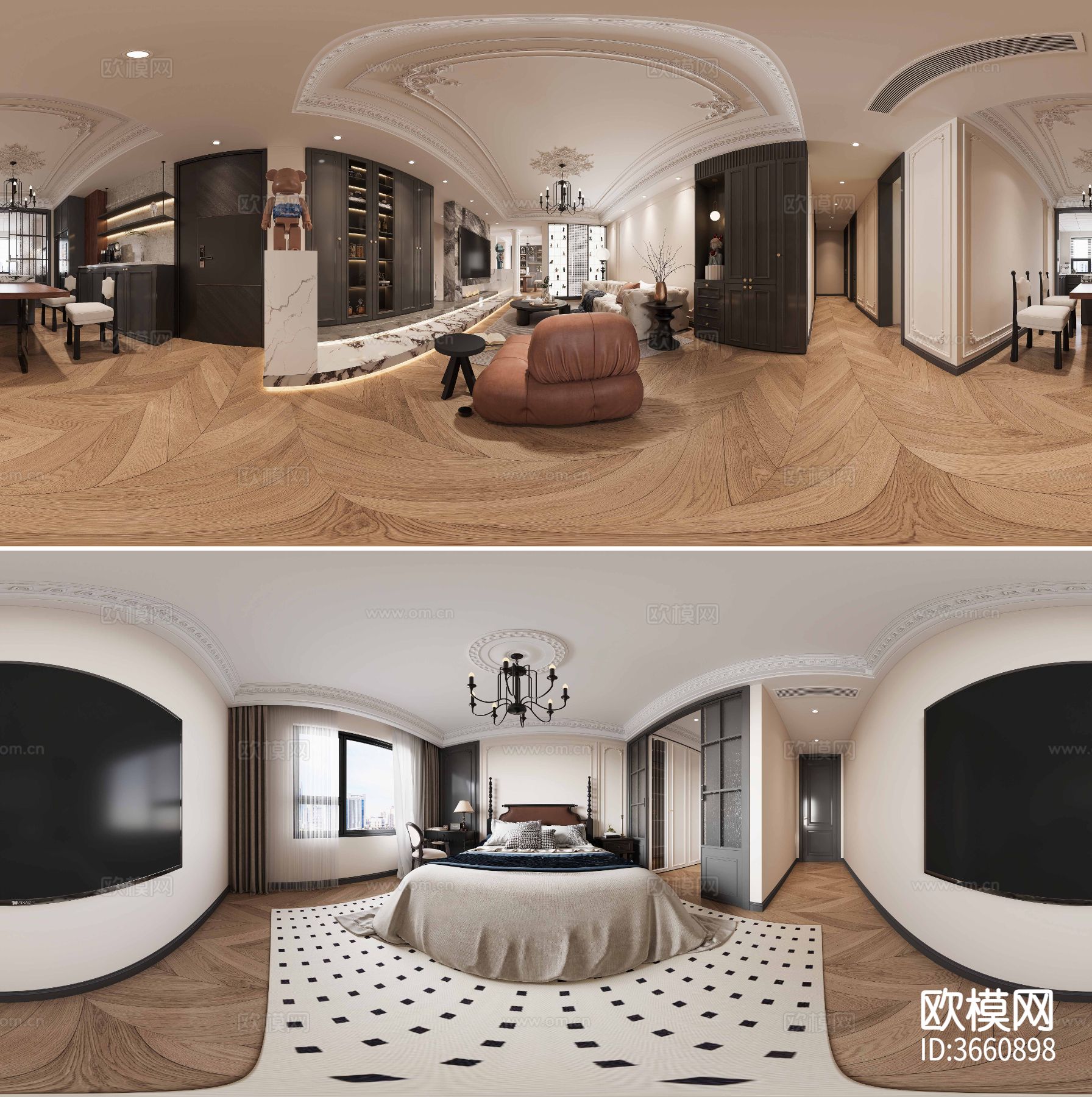 法式家装VR全景效果cad平面图下载（渲染图1）