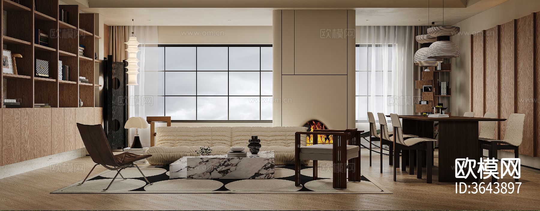 中古风大平层 客餐厅装修效果图下载（渲染图5）