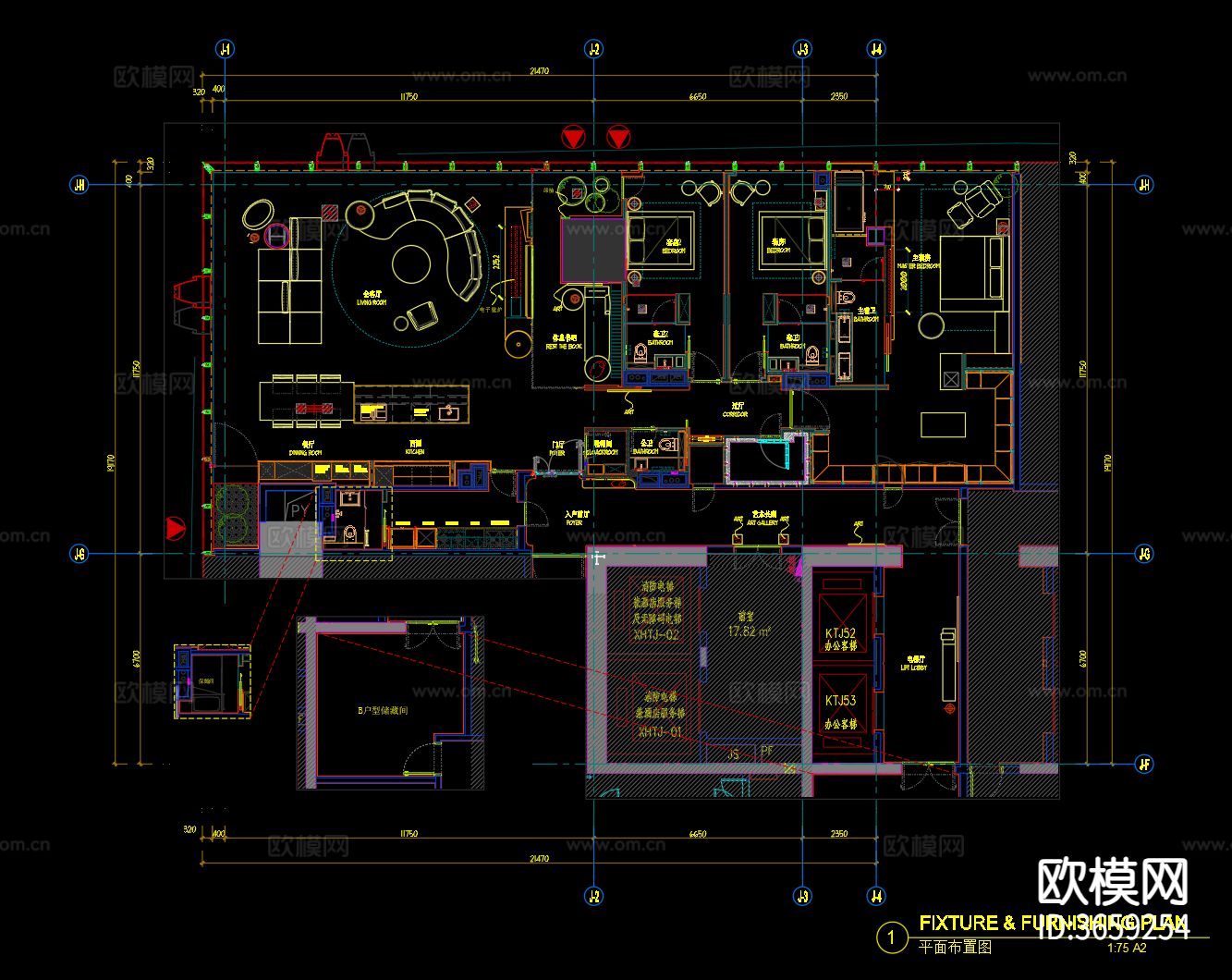 豪宅大平层家居平面布置图下载（渲染图2）