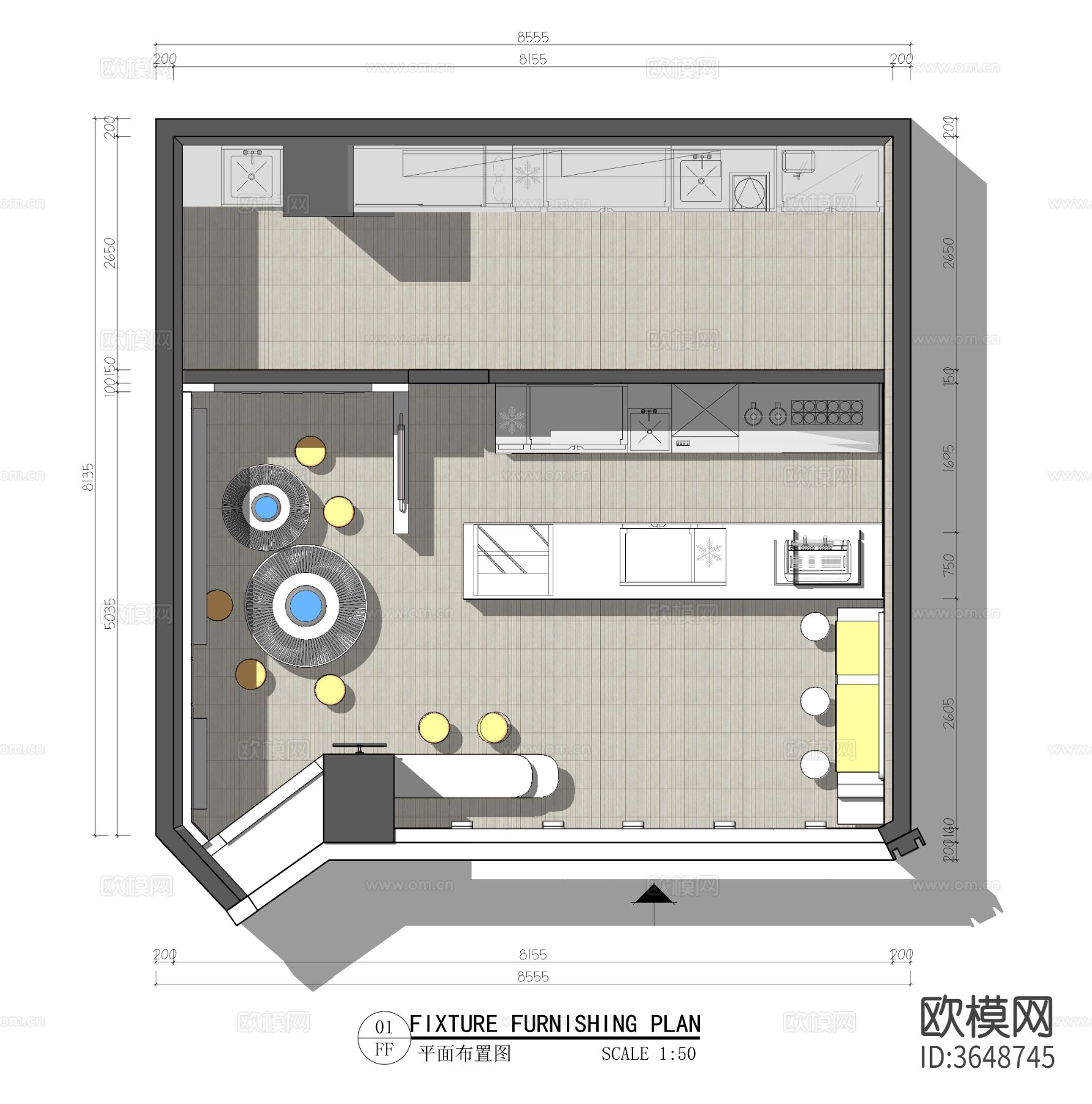 现代奶茶店 甜品店cad施工图下载（渲染图2）