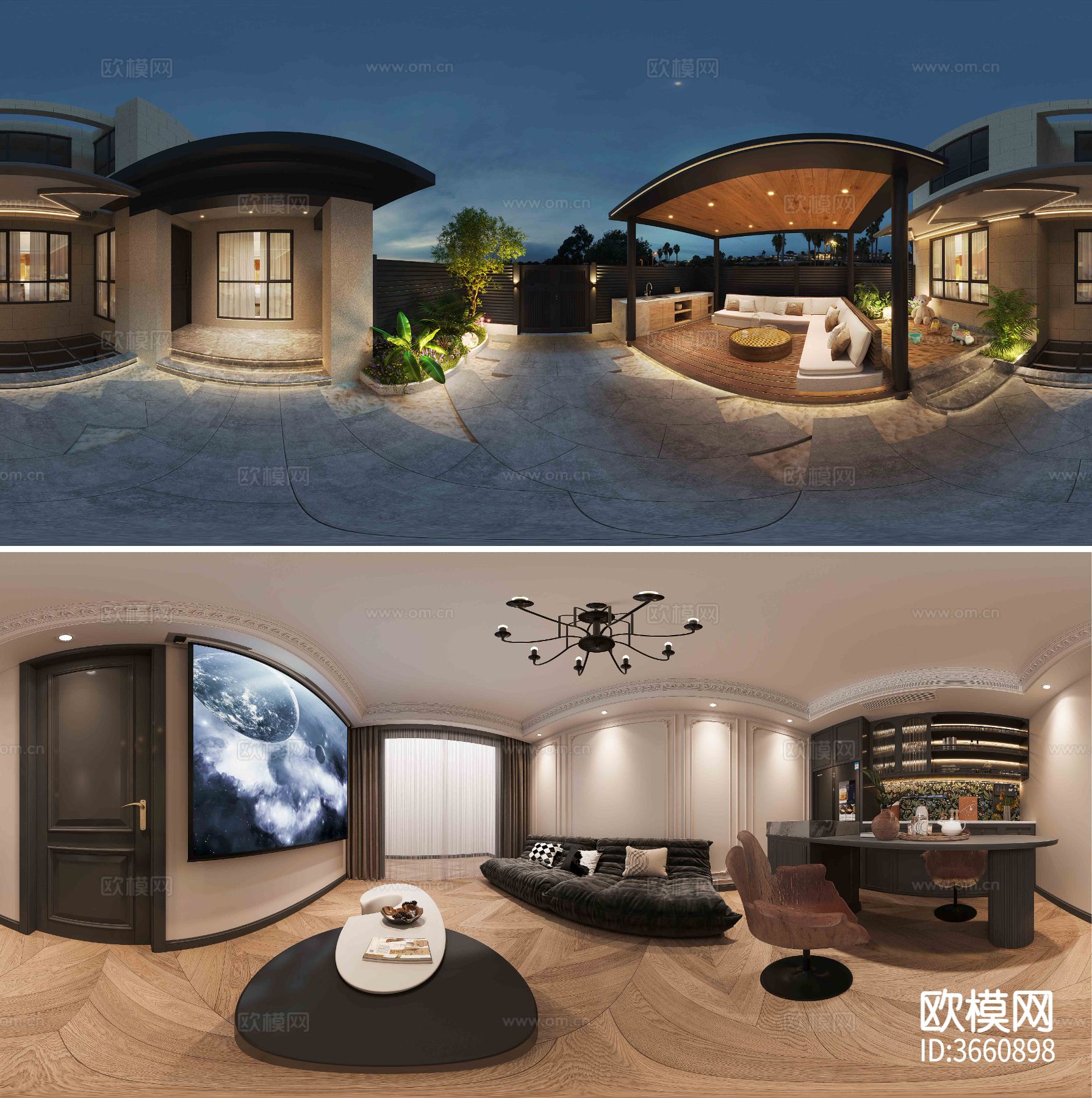 法式家装VR全景效果cad平面图下载（渲染图4）