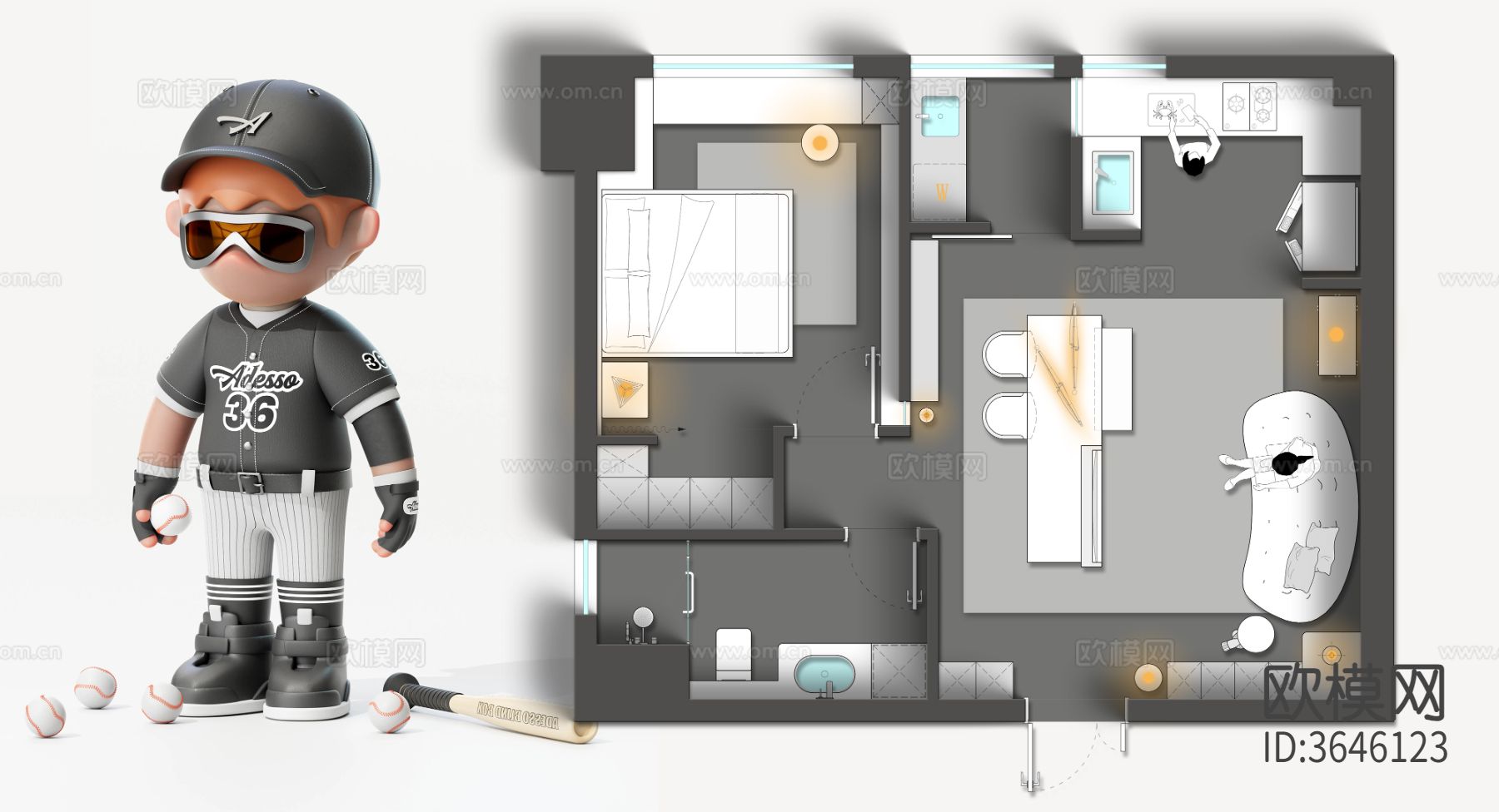 潮玩IP手办盲盒风格彩平图下载（渲染图1）