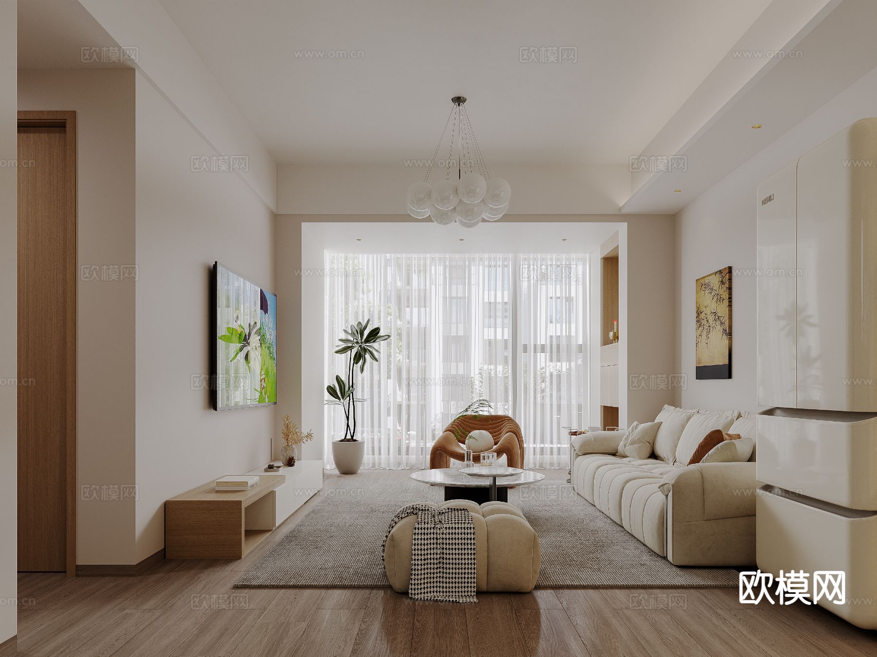 奶油风客餐厅3d模型下载（渲染图2）