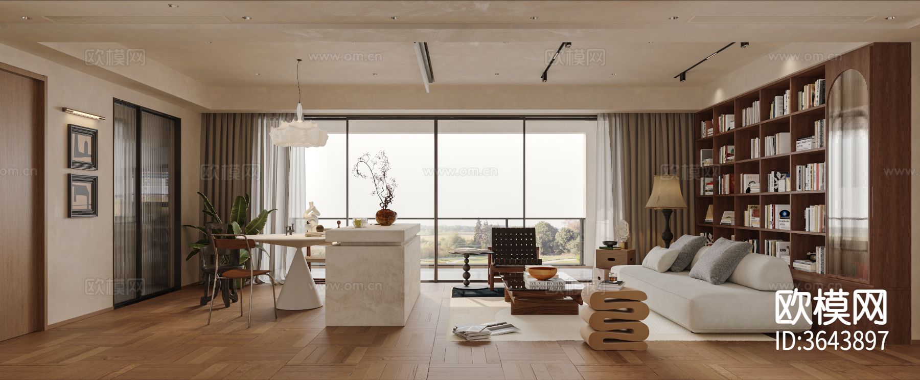 中古风大平层 客餐厅装修效果图下载（渲染图1）