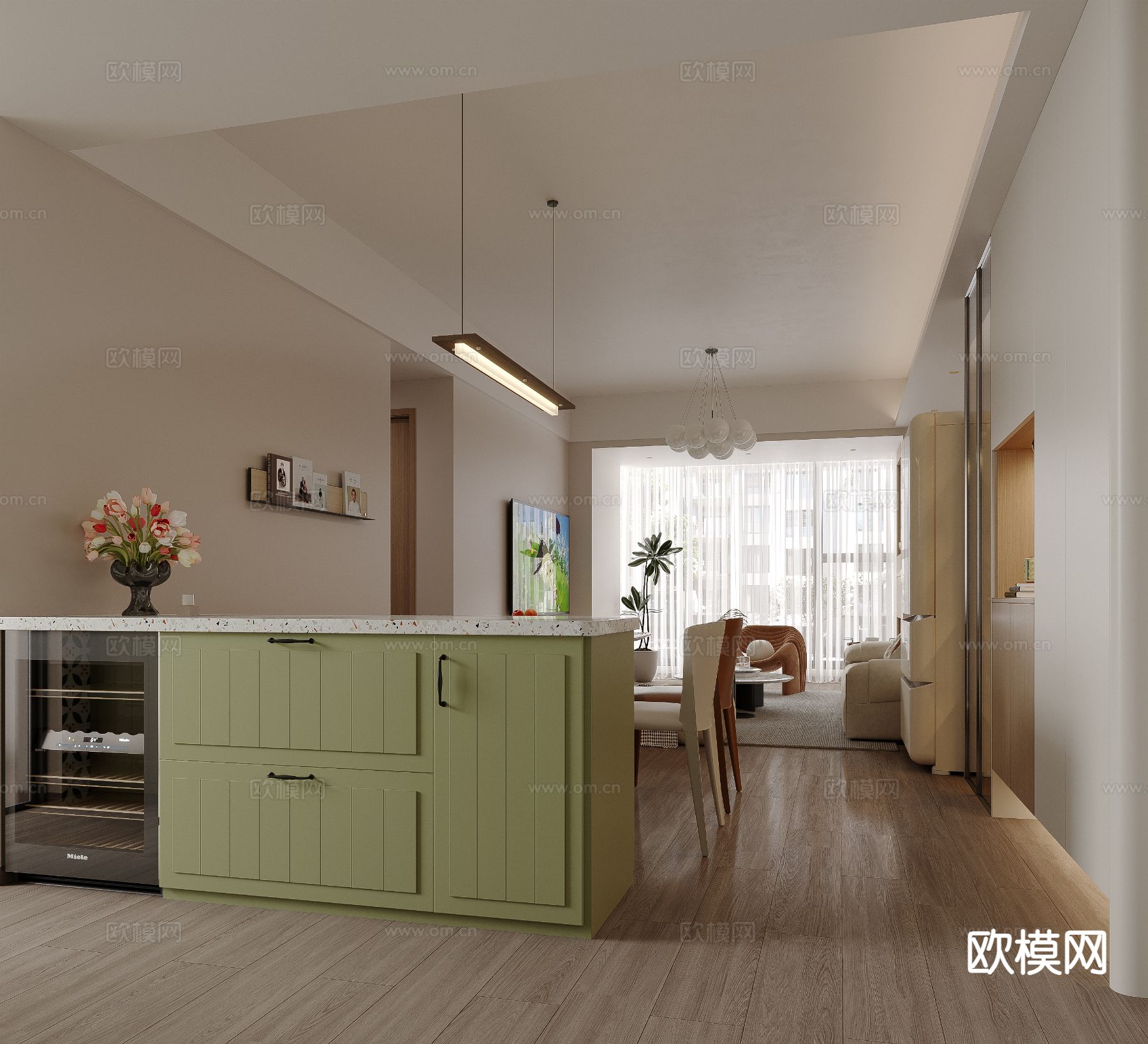 奶油风客餐厅3d模型下载（渲染图3）