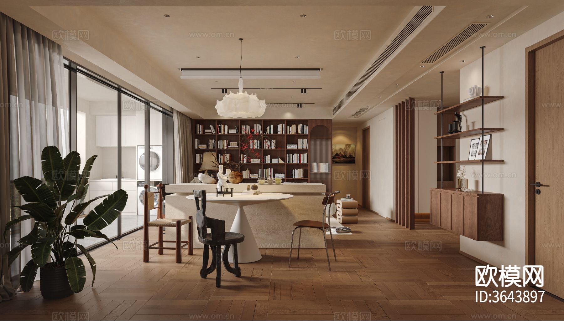 中古风大平层 客餐厅装修效果图下载（渲染图3）