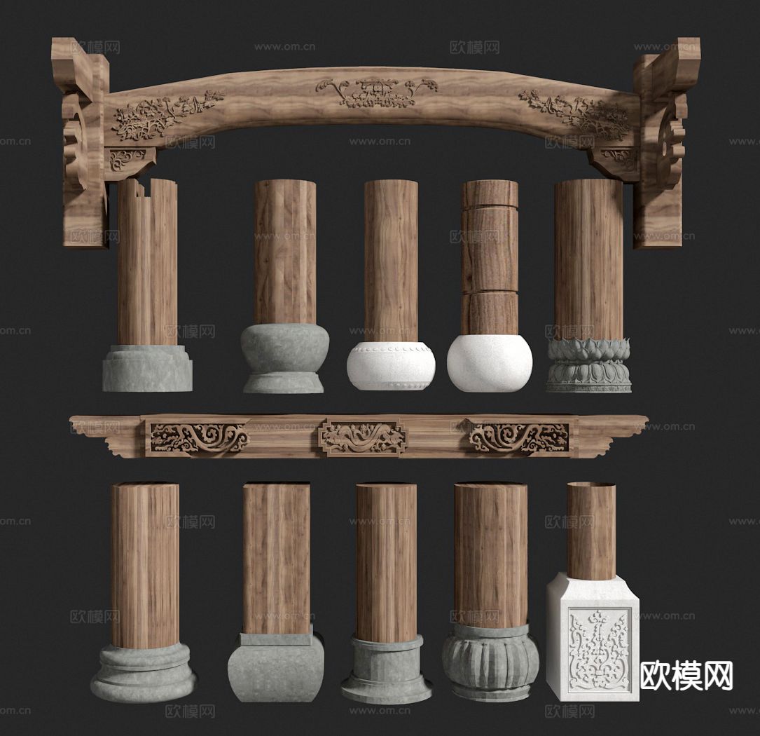 中式柱子 门庭柱 圆柱 木梁雕花su模型下载（渲染图2）