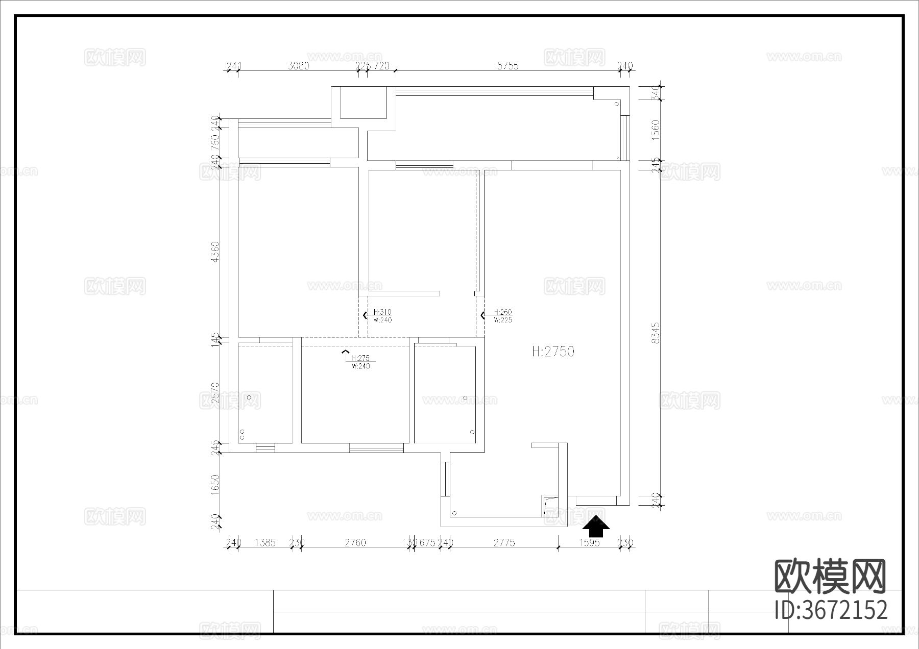 90㎡三房CAD施工图下载（渲染图3）