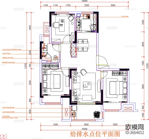 三房戶型cad施工圖下載(渲染圖2)