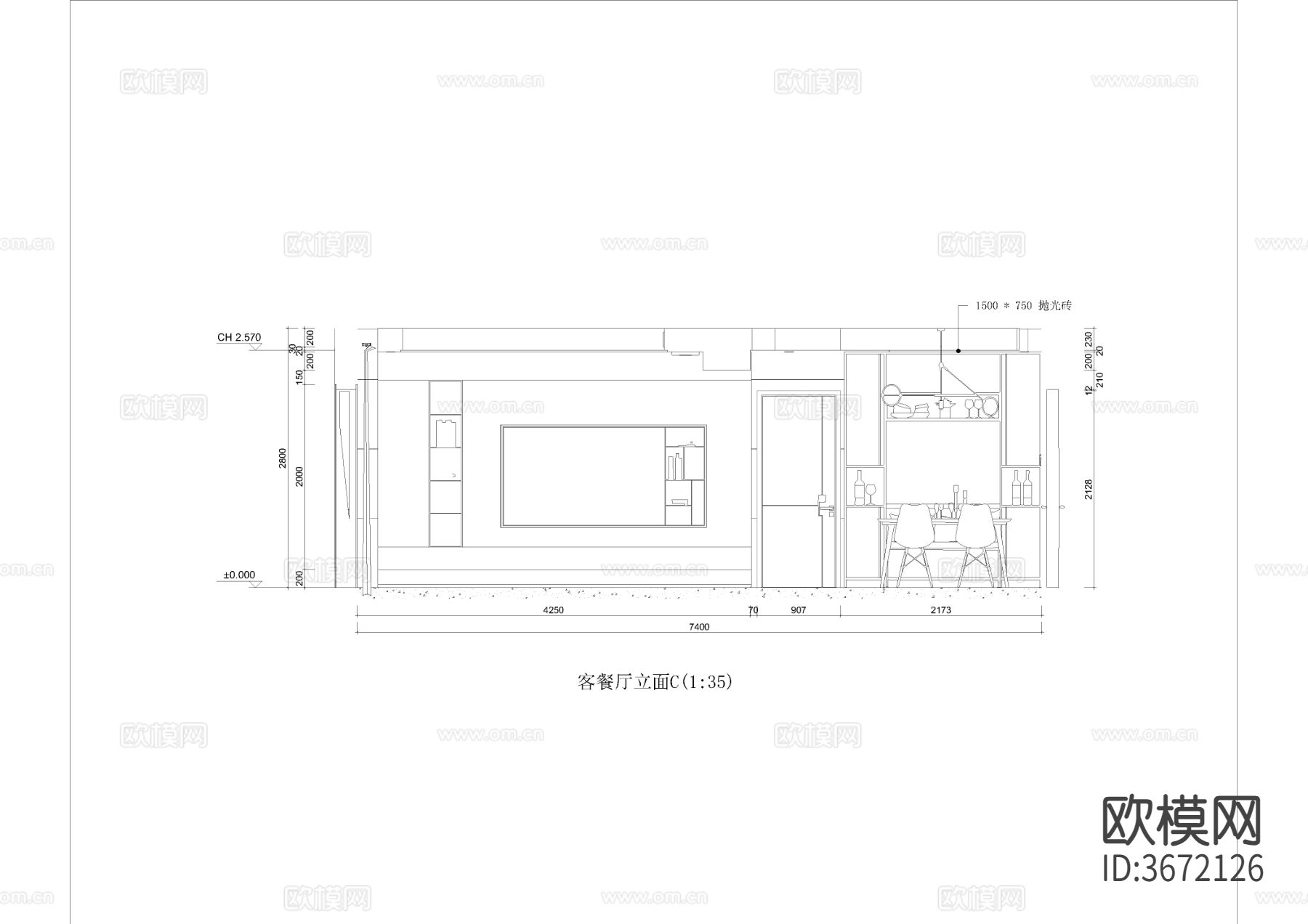 70㎡三居室家装CAD施工图下载（渲染图6）