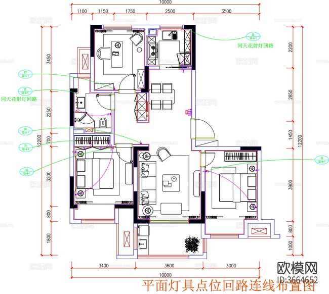 三房戶型cad施工圖下載(渲染圖1)
