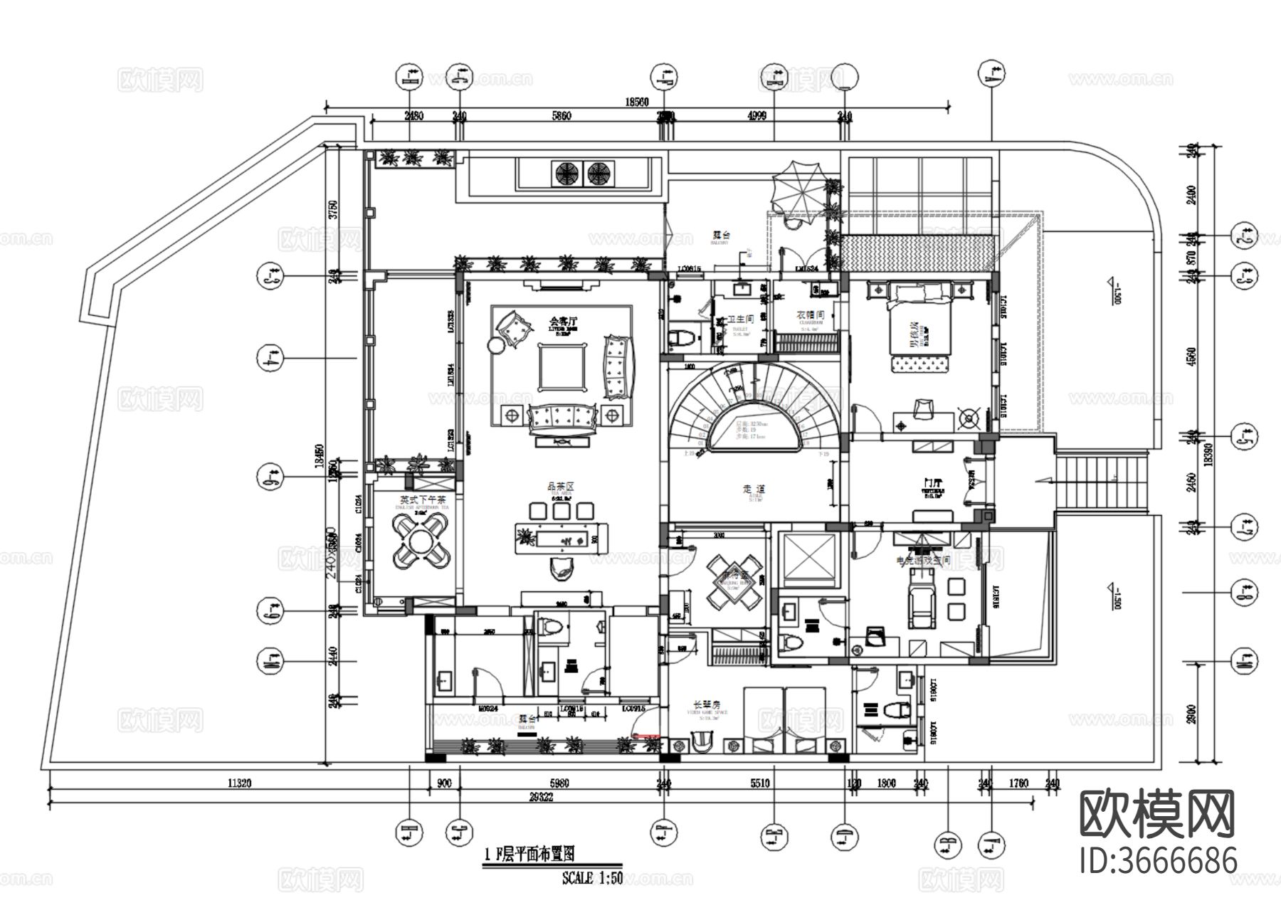 深圳曦城别墅CAD平面图下载（渲染图1）