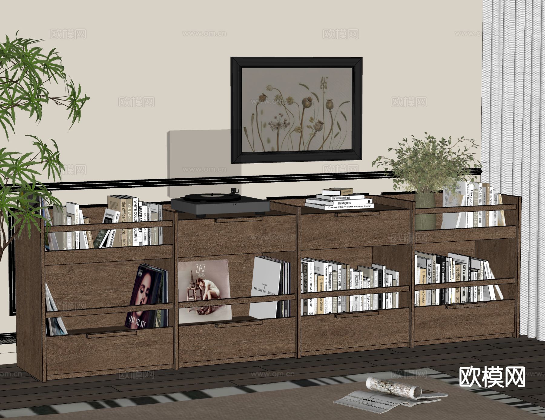 中古风矮书柜  落地柜su模型下载（渲染图1）