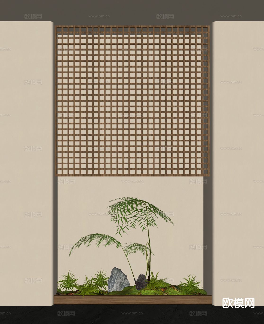 室内造景 植物堆 木格栅隔断su模型下载（渲染图1）