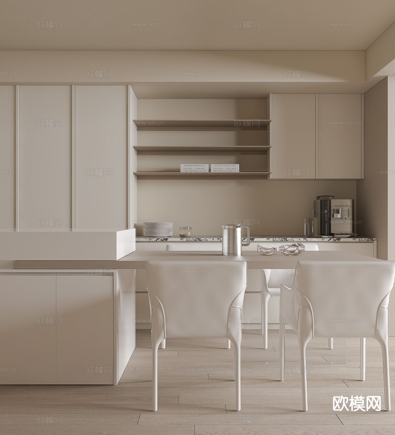 奶油风岛台餐桌椅3d模型下载