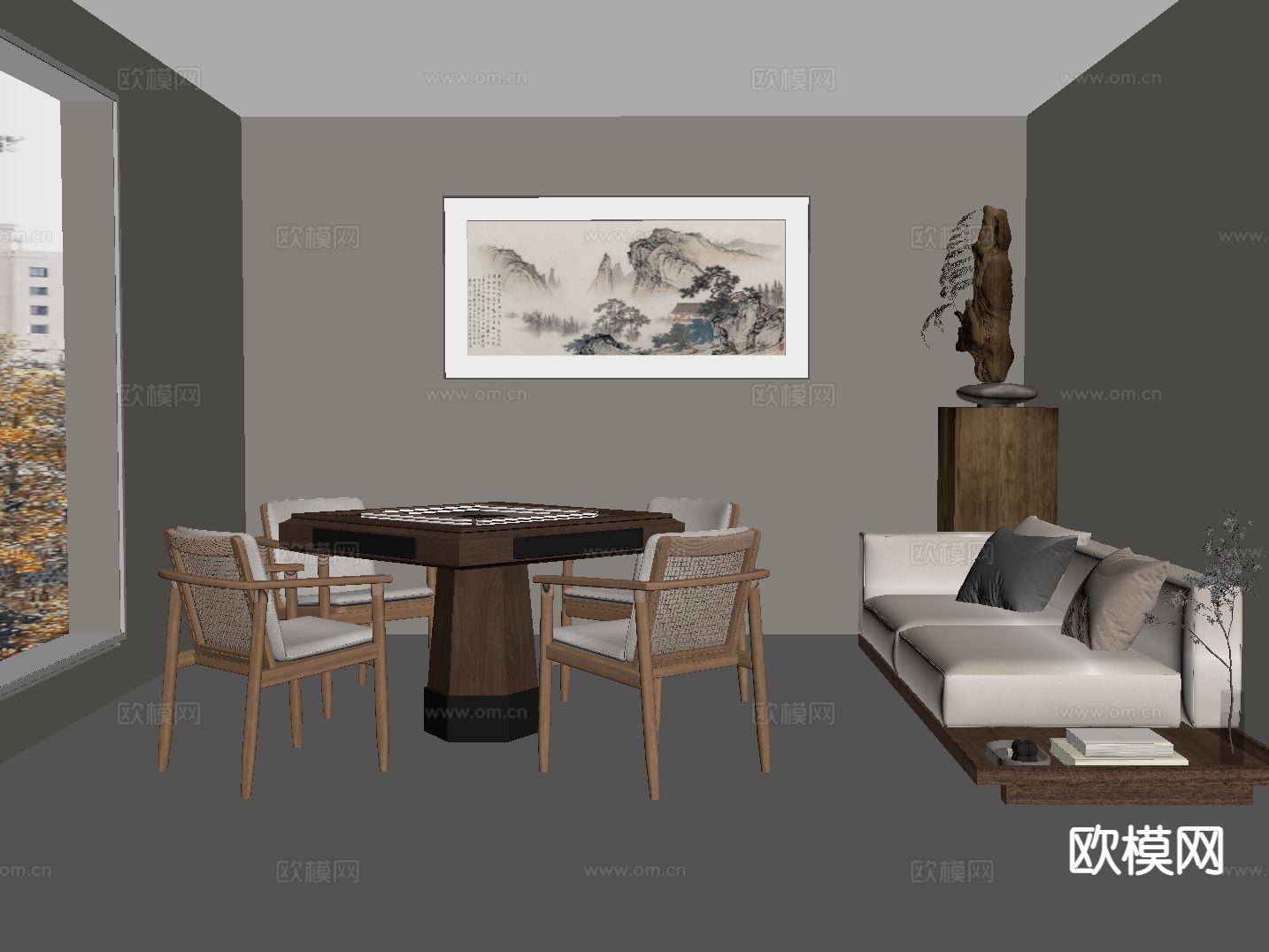 新中式休闲室 麻将房su模型下载（渲染图1）