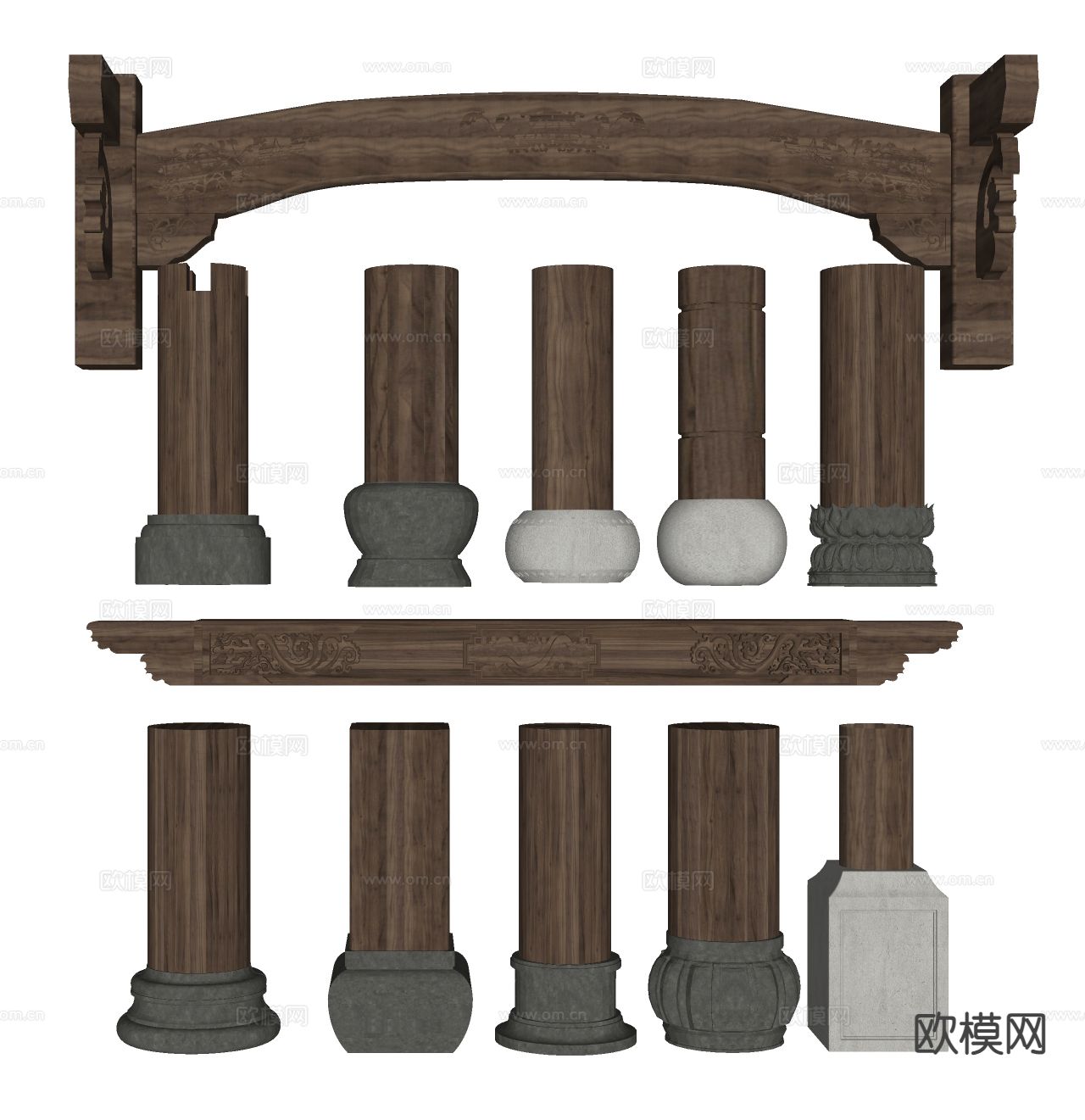中式柱子 门庭柱 圆柱 木梁雕花su模型下载（渲染图1）