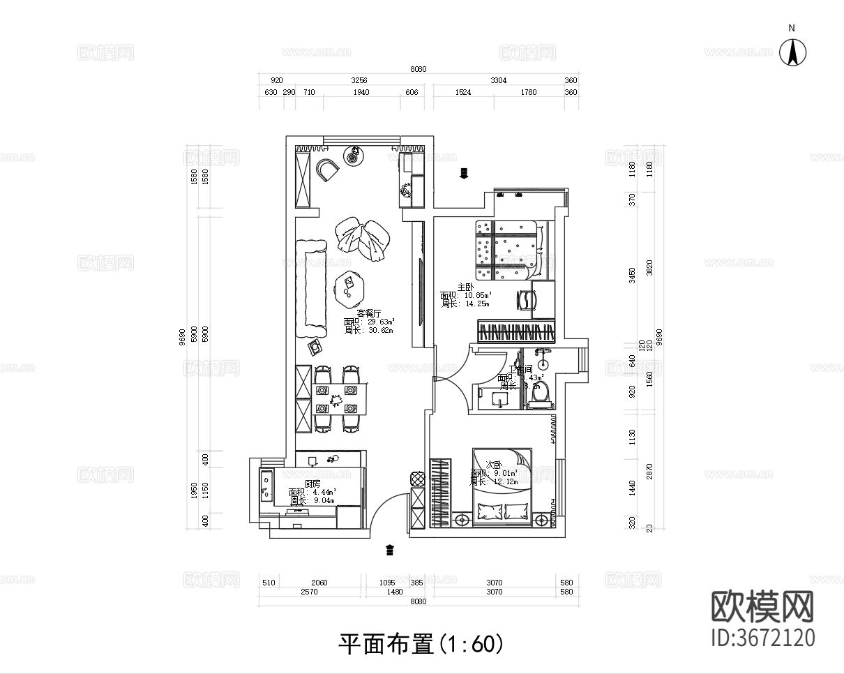 60㎡家居CAD施工图下载（渲染图1）