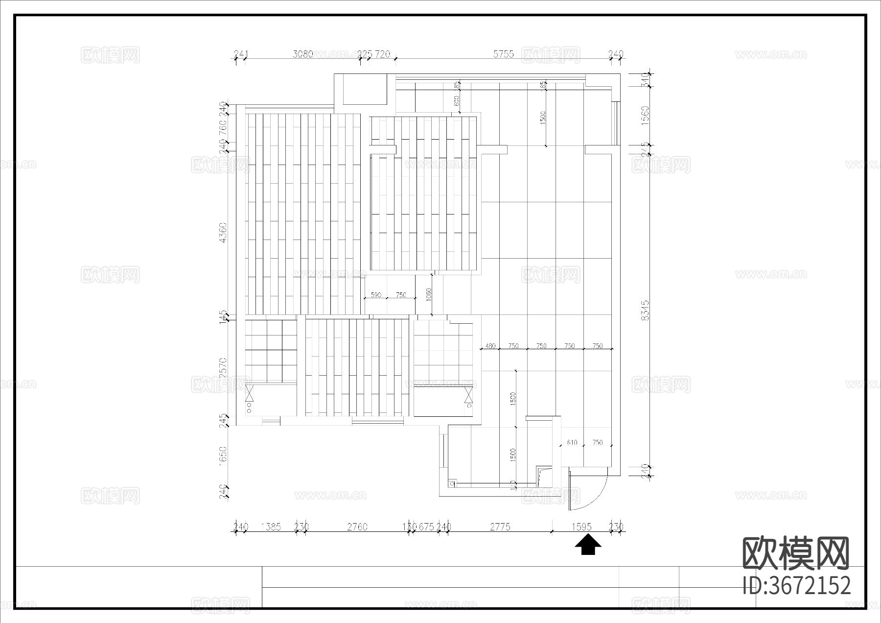 90㎡三房CAD施工图下载（渲染图1）