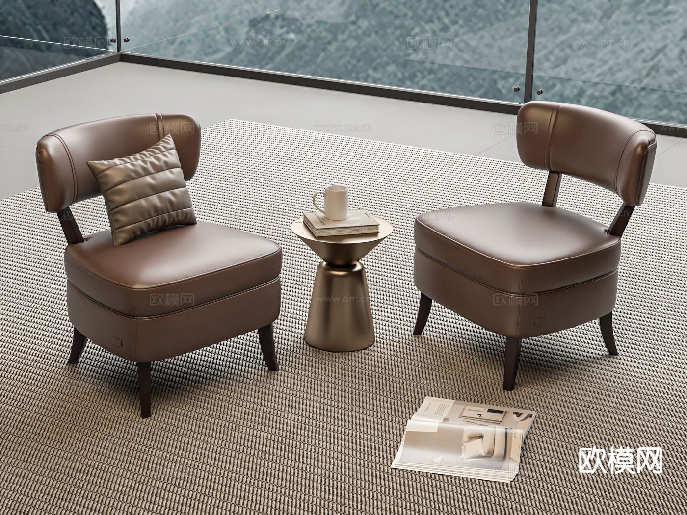 皮革沙发椅 休闲椅 桌几su模型下载（渲染图2）