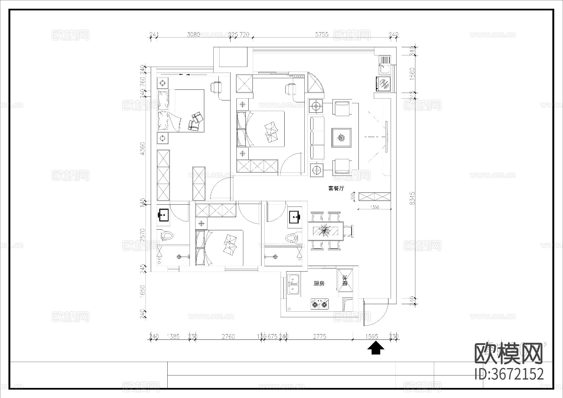 90㎡三房CAD施工图下载（渲染图2）