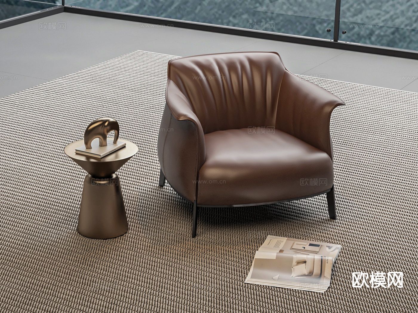 皮革沙发椅 休闲椅 桌几su模型下载（渲染图2）