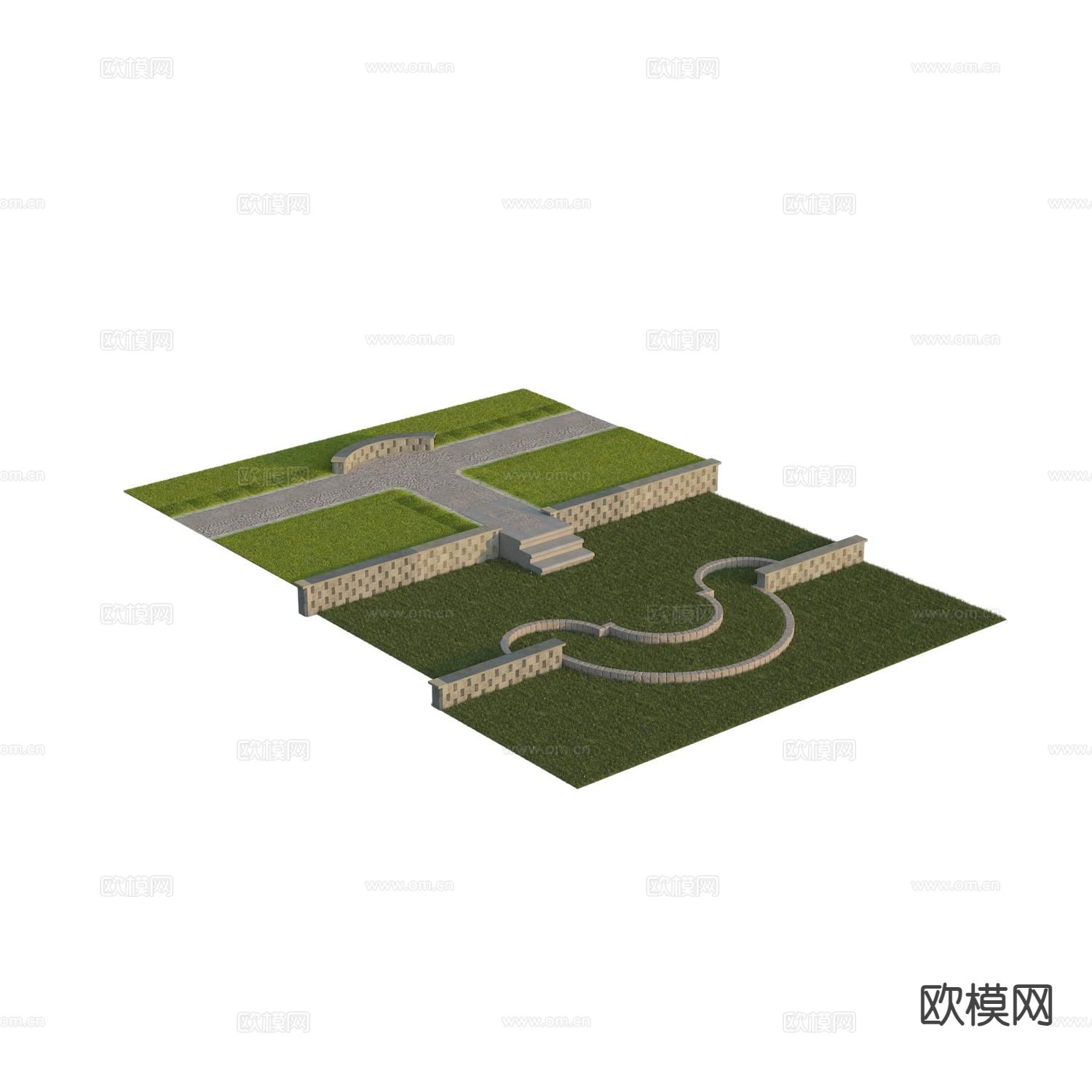 道路模块 草坪 草地台阶 围墙 围挡3d模型