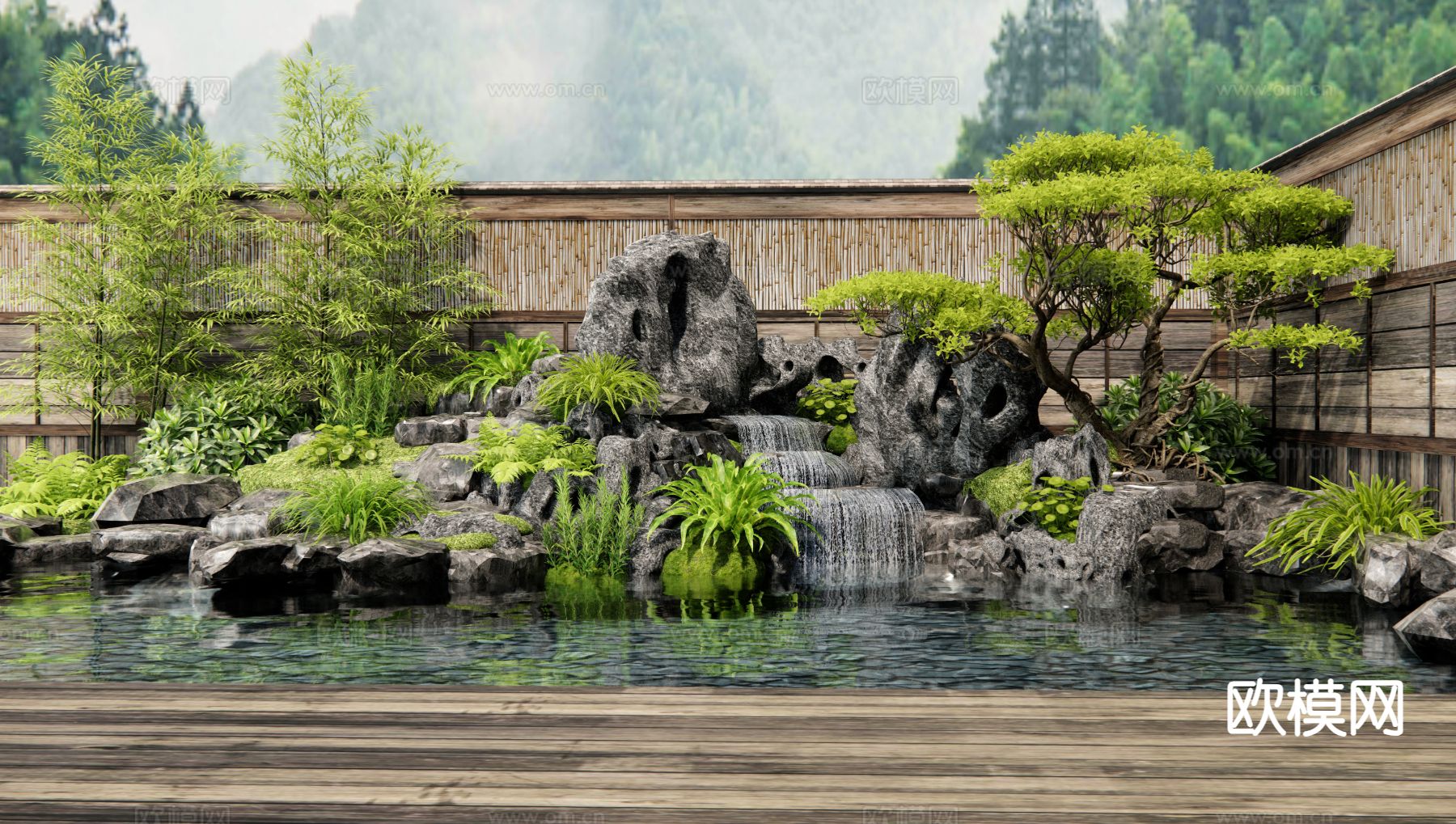 新中式假山水景 跌水 庭院景观3d模型