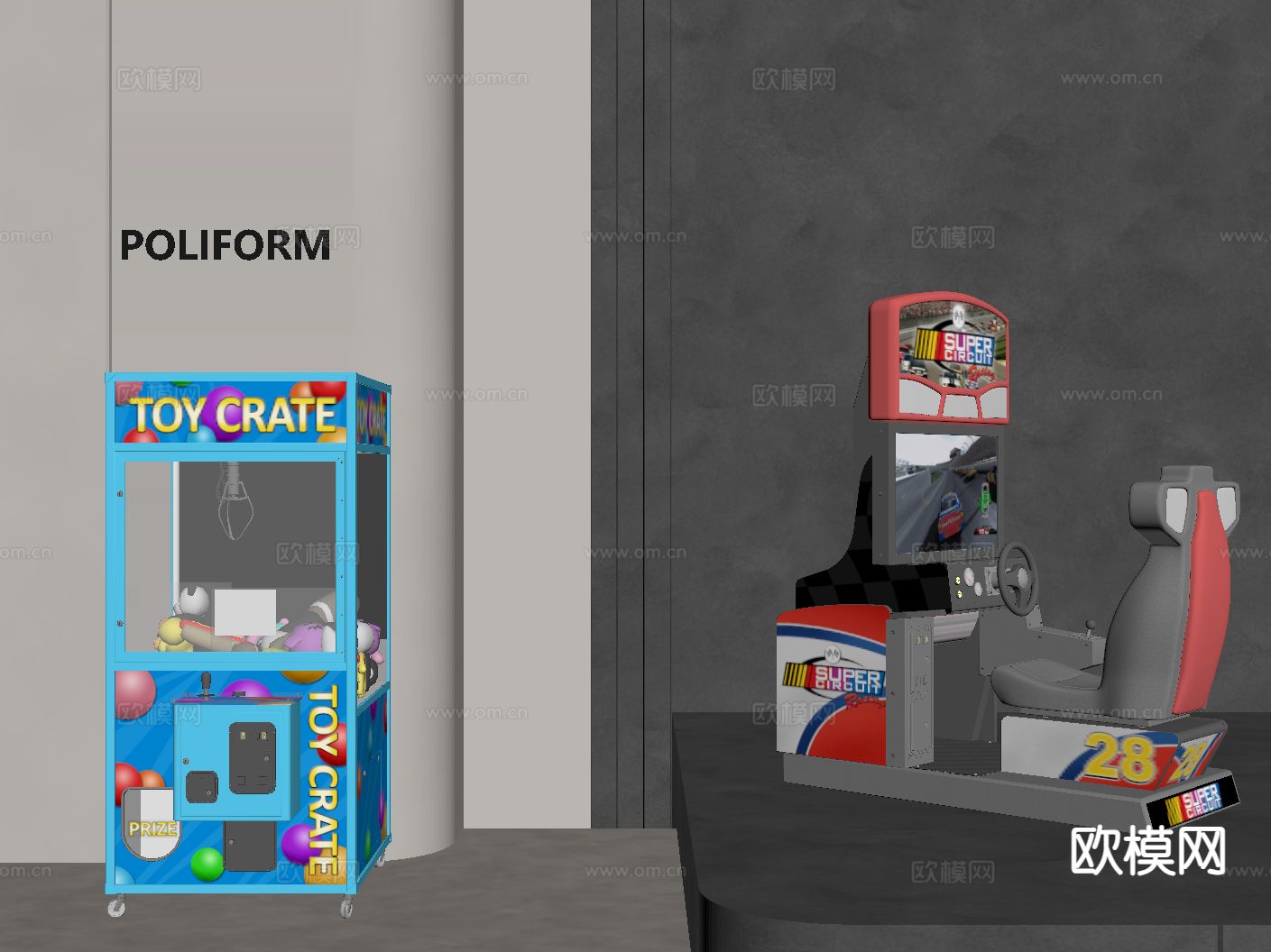 游乐设备 抓娃娃机 赛车游戏机su模型下载（渲染图1）