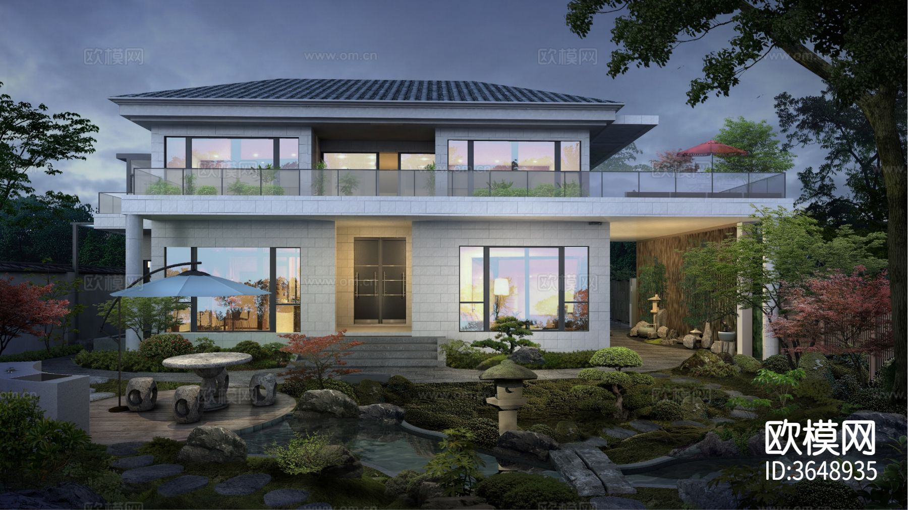 新中式庭院 花园效果图下载（渲染图1）