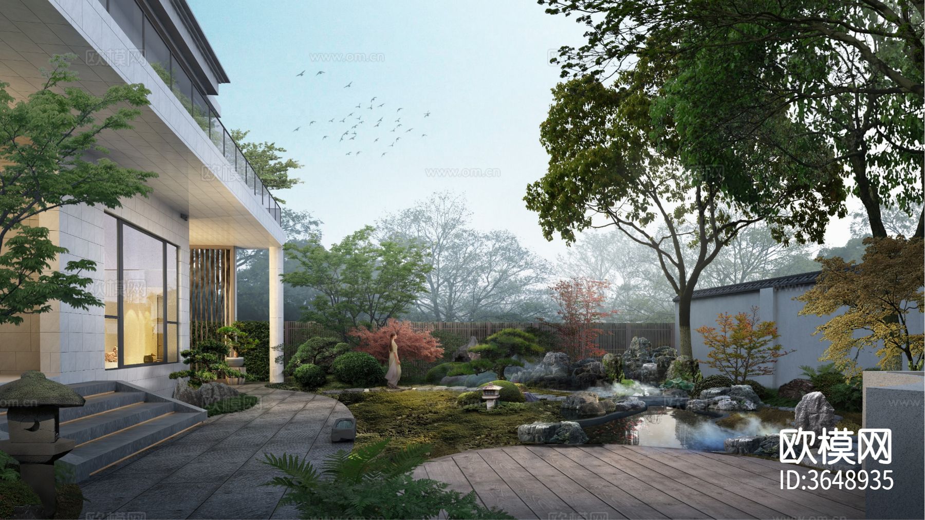 新中式庭院 花园效果图下载（渲染图2）