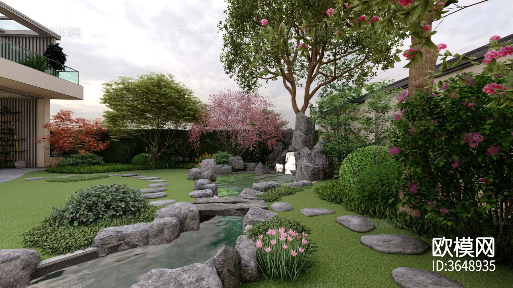 新中式庭院 花园效果图下载（渲染图7）