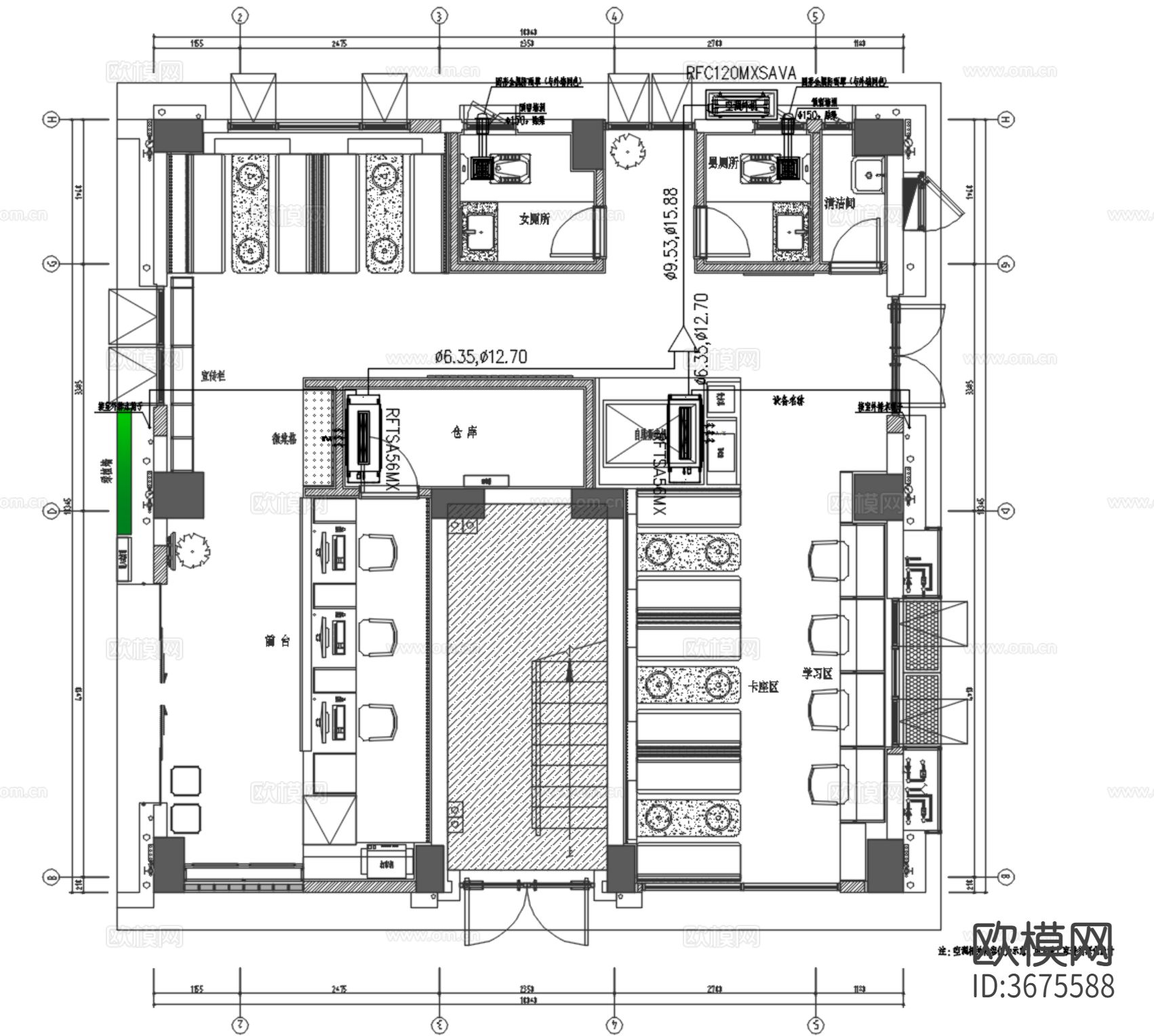 公寓共享公区暖通CAD施工图下载（渲染图1）