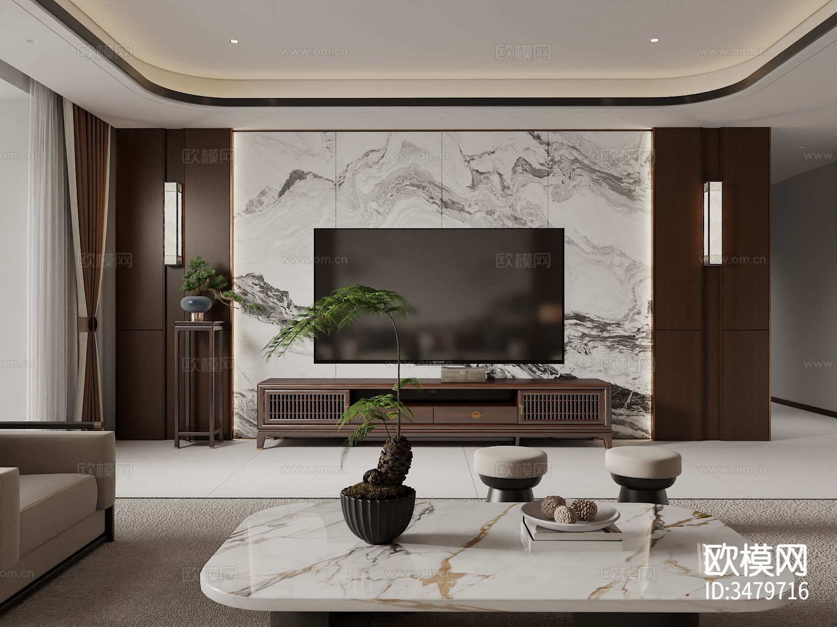 新中式客厅装修效果图下载（渲染图3）