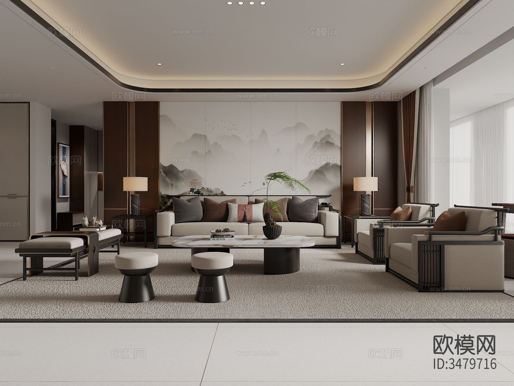 新中式客厅装修效果图下载（渲染图1）