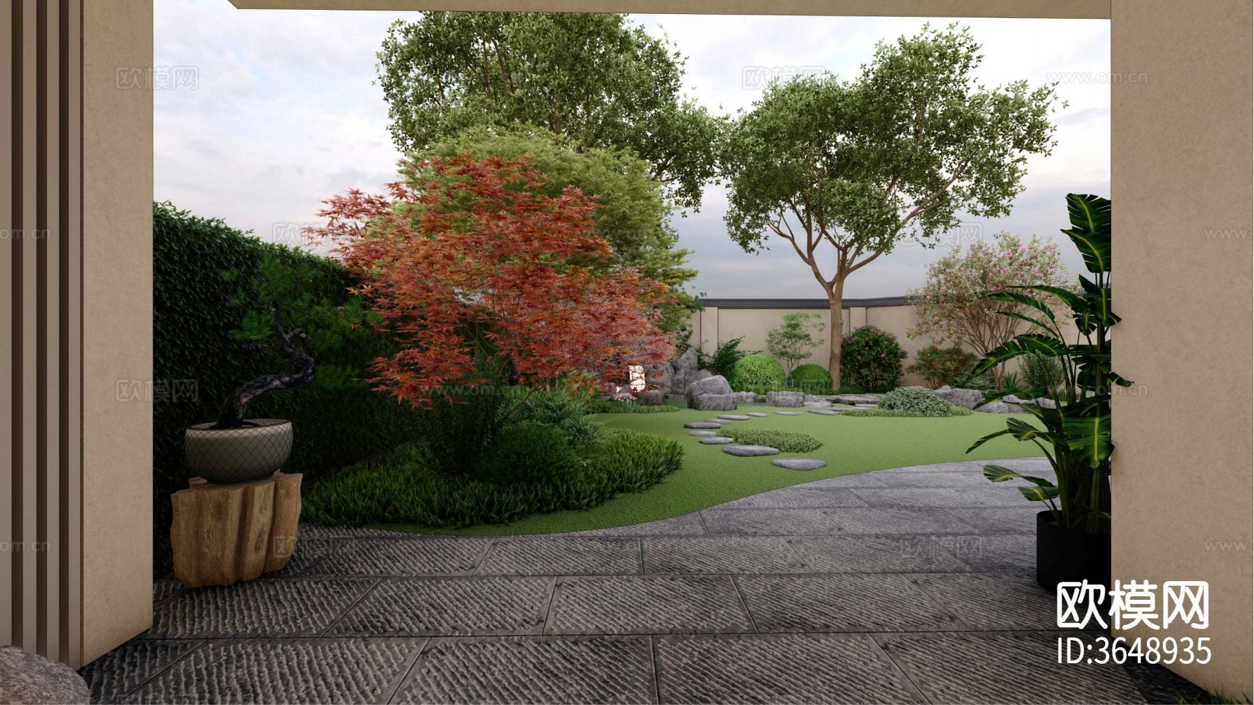 新中式庭院 花园效果图下载（渲染图5）