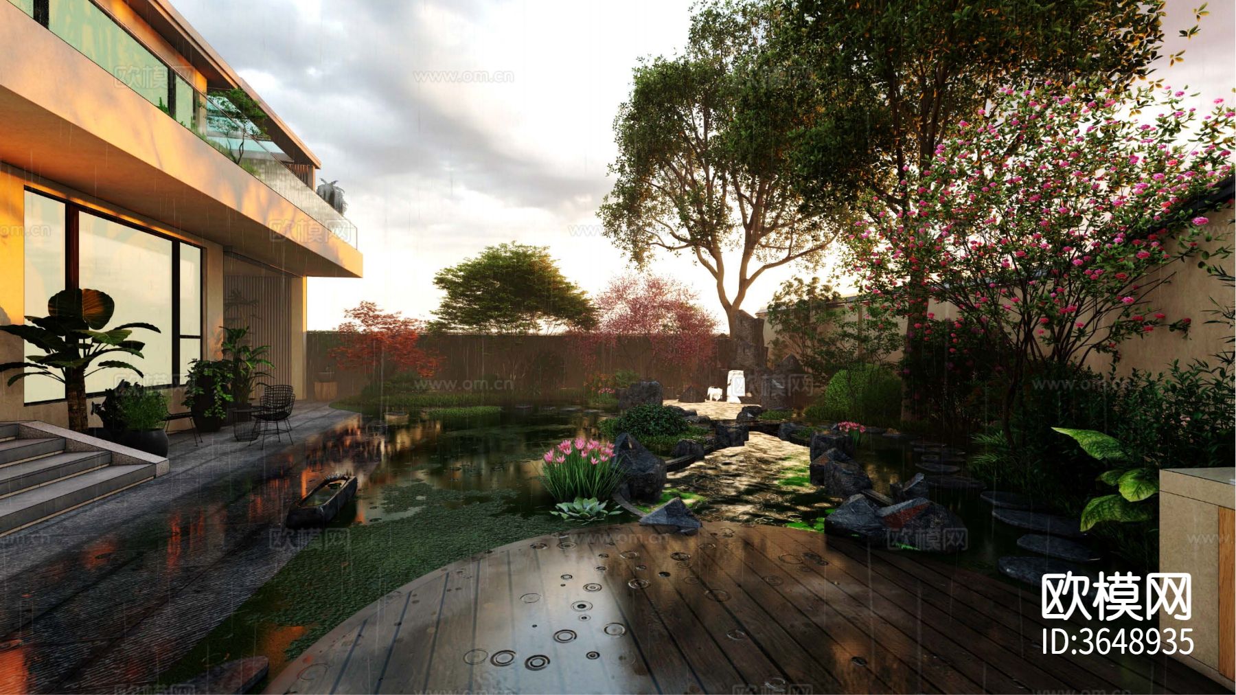 新中式庭院 花园效果图下载（渲染图4）