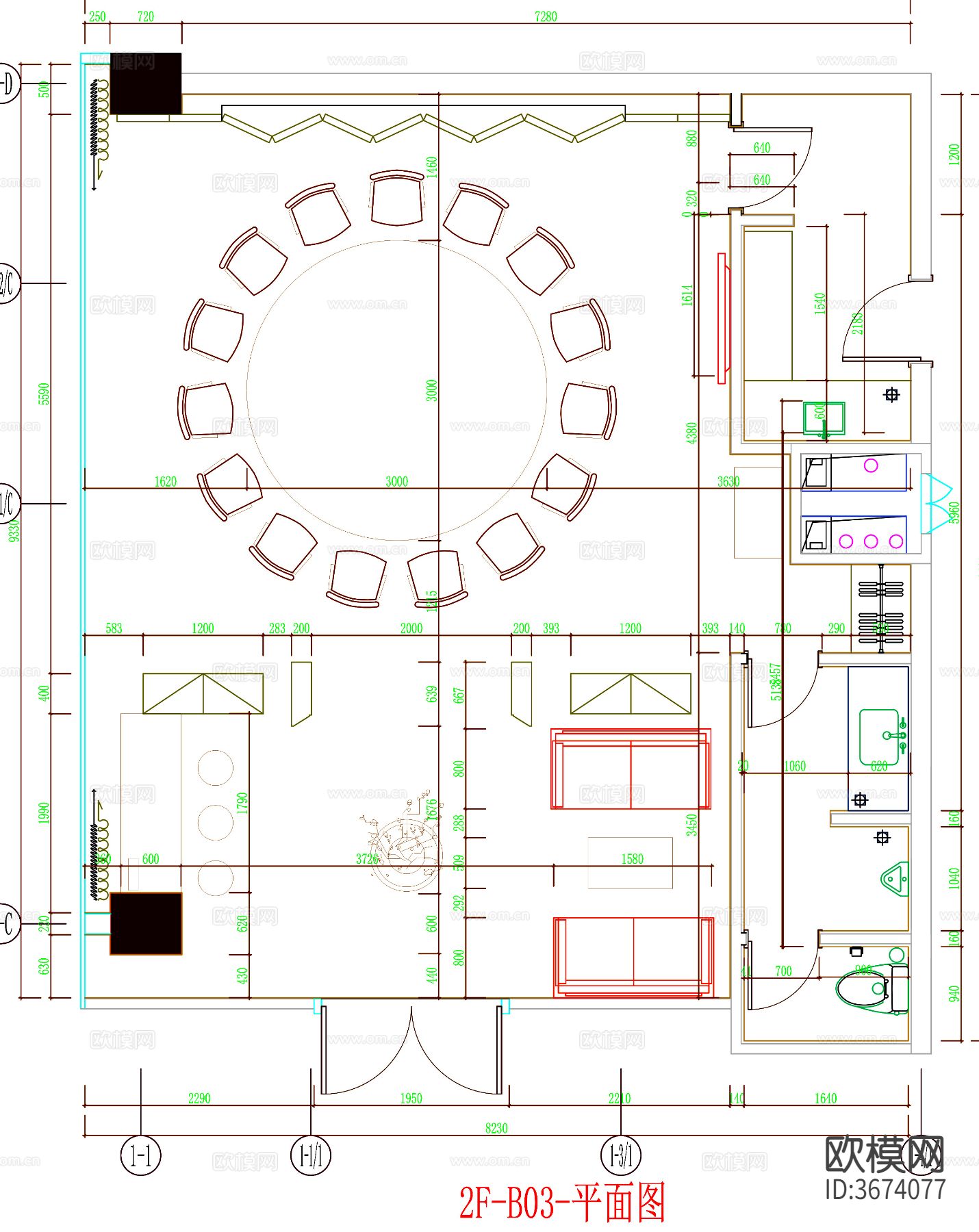酒店包间 餐厅包间CAD平面图下载（渲染图1）