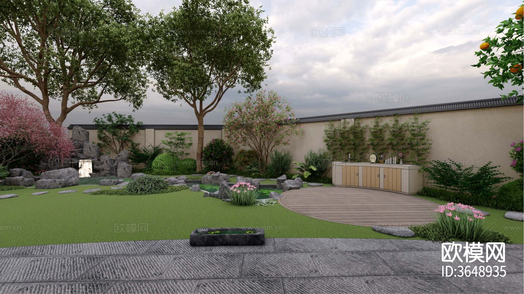 新中式庭院 花园效果图下载（渲染图6）