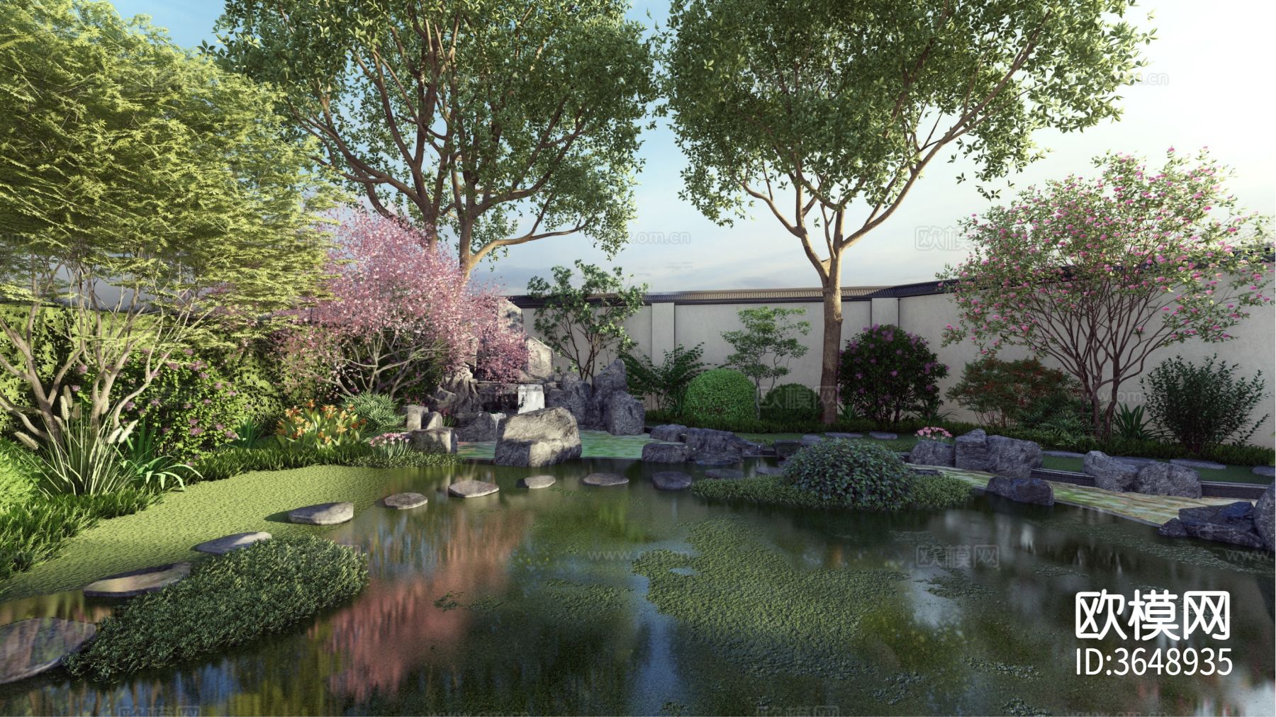 新中式庭院 花园效果图下载（渲染图3）