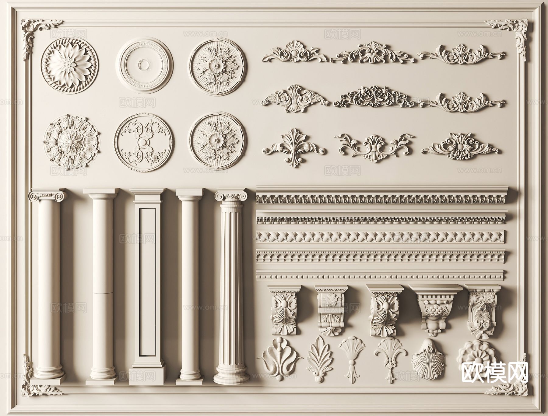 欧式雕花构件 罗马柱 别墅雕花 灯盘3d模型