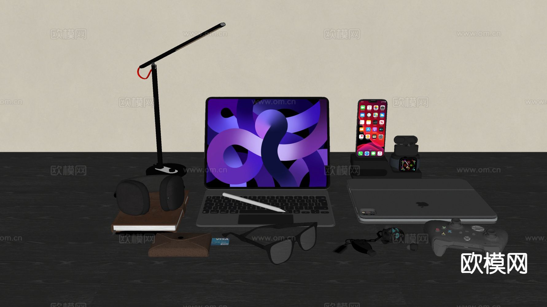 办公用品 桌面摆件 电脑 数码产品 台灯su模型下载（渲染图1）