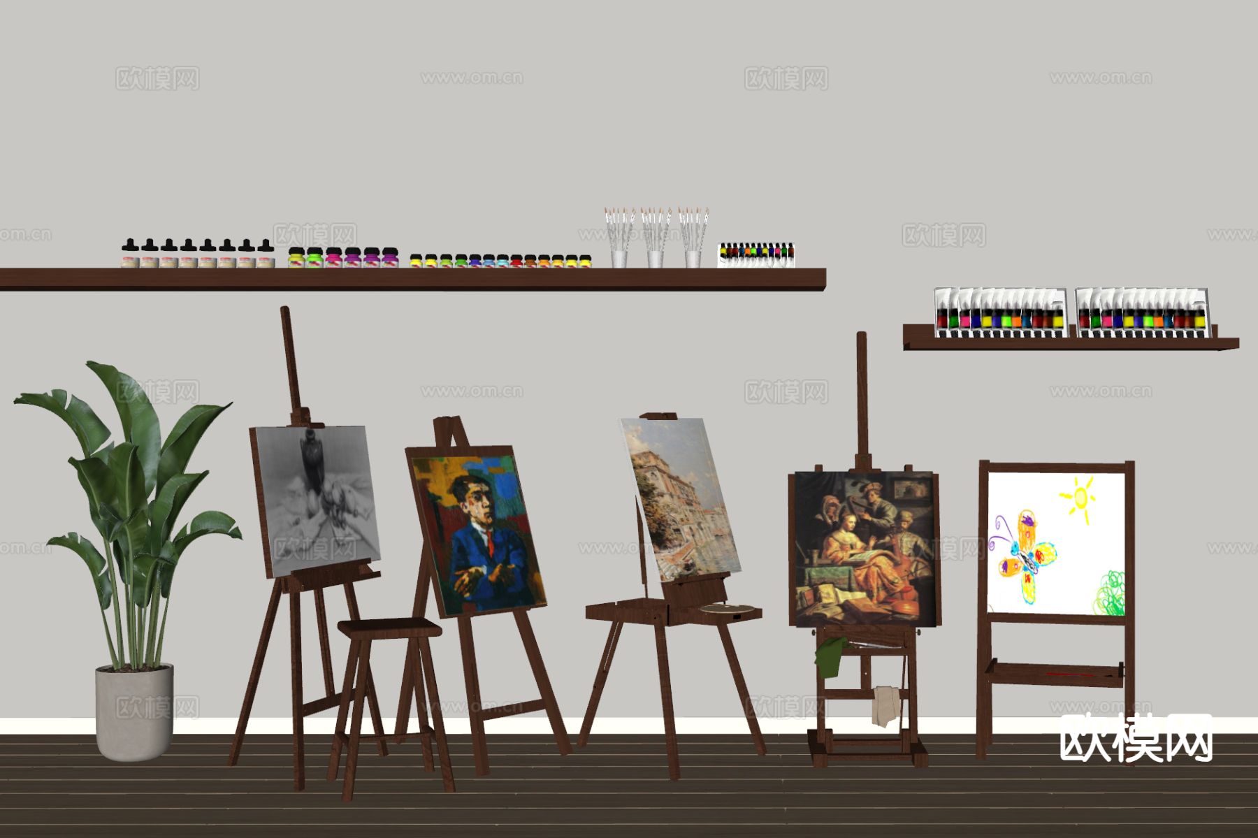 画具 画室 画架 颜料su模型下载（渲染图1）