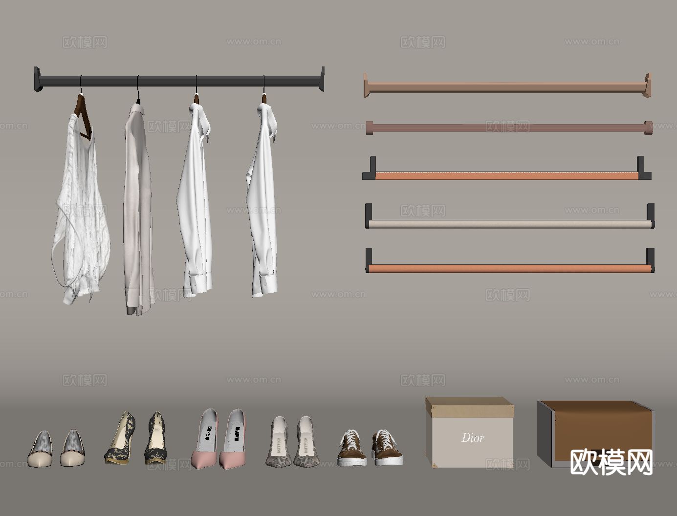 现代挂衣杆 衣服服饰 鞋帽箱包su模型下载（渲染图1）