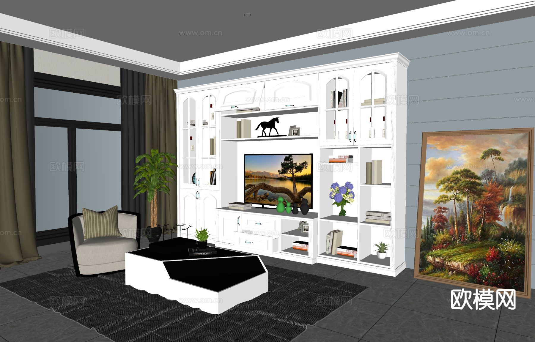 法式电视柜 边柜su模型下载（渲染图1）