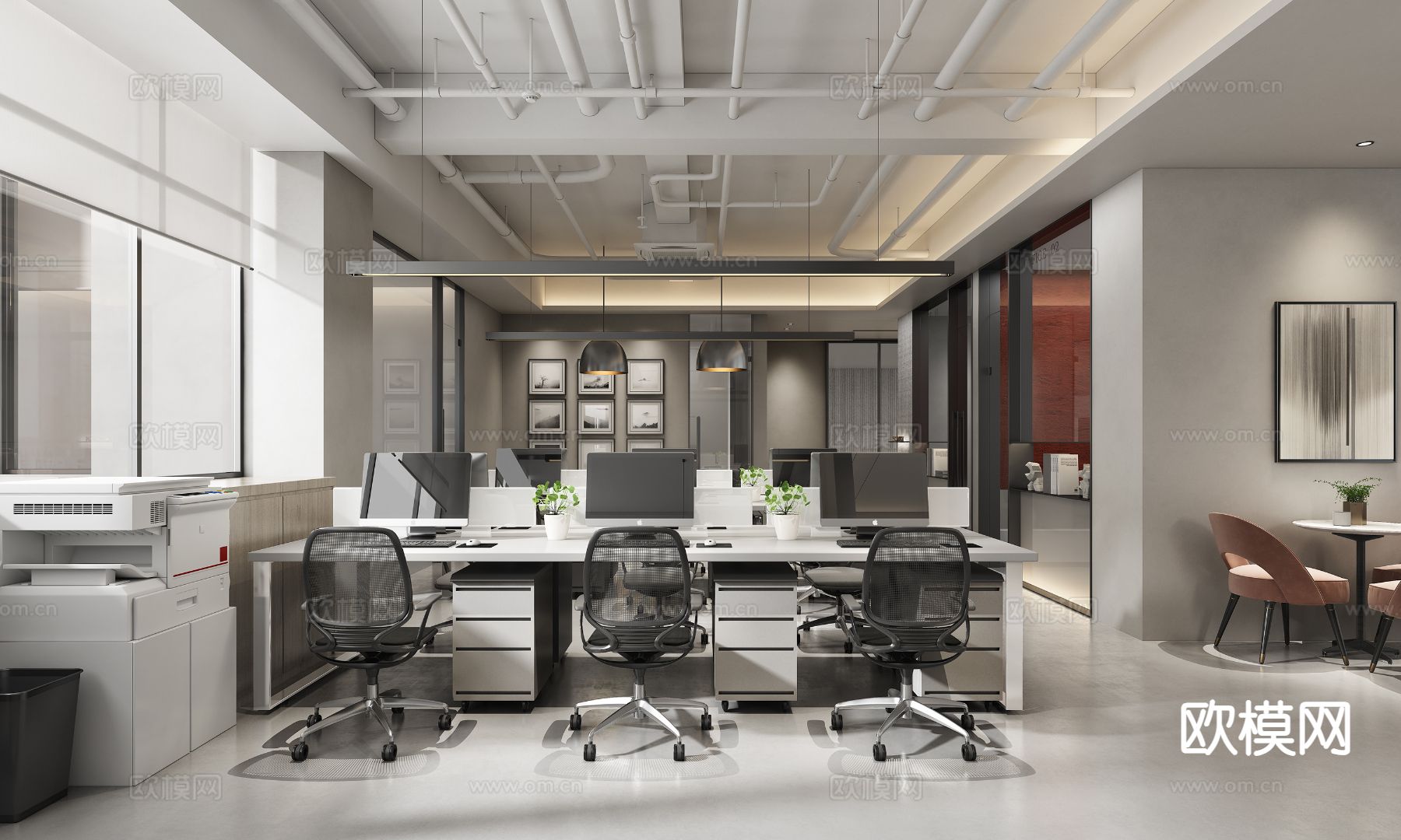 公用办公区 办公室su模型下载（渲染图2）