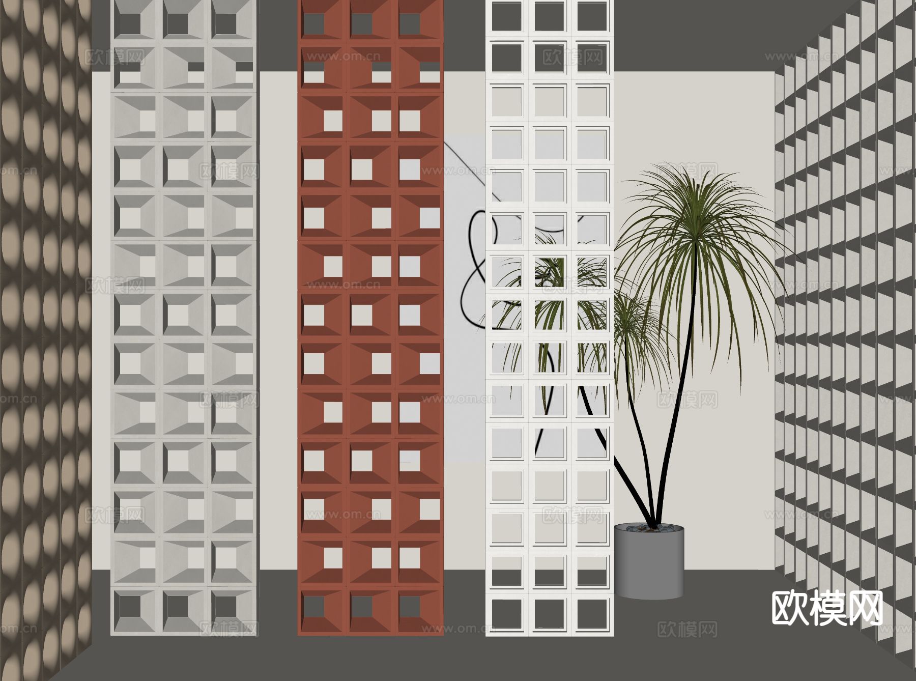 现代水泥砖隔断 镂空砖su模型下载（渲染图1）